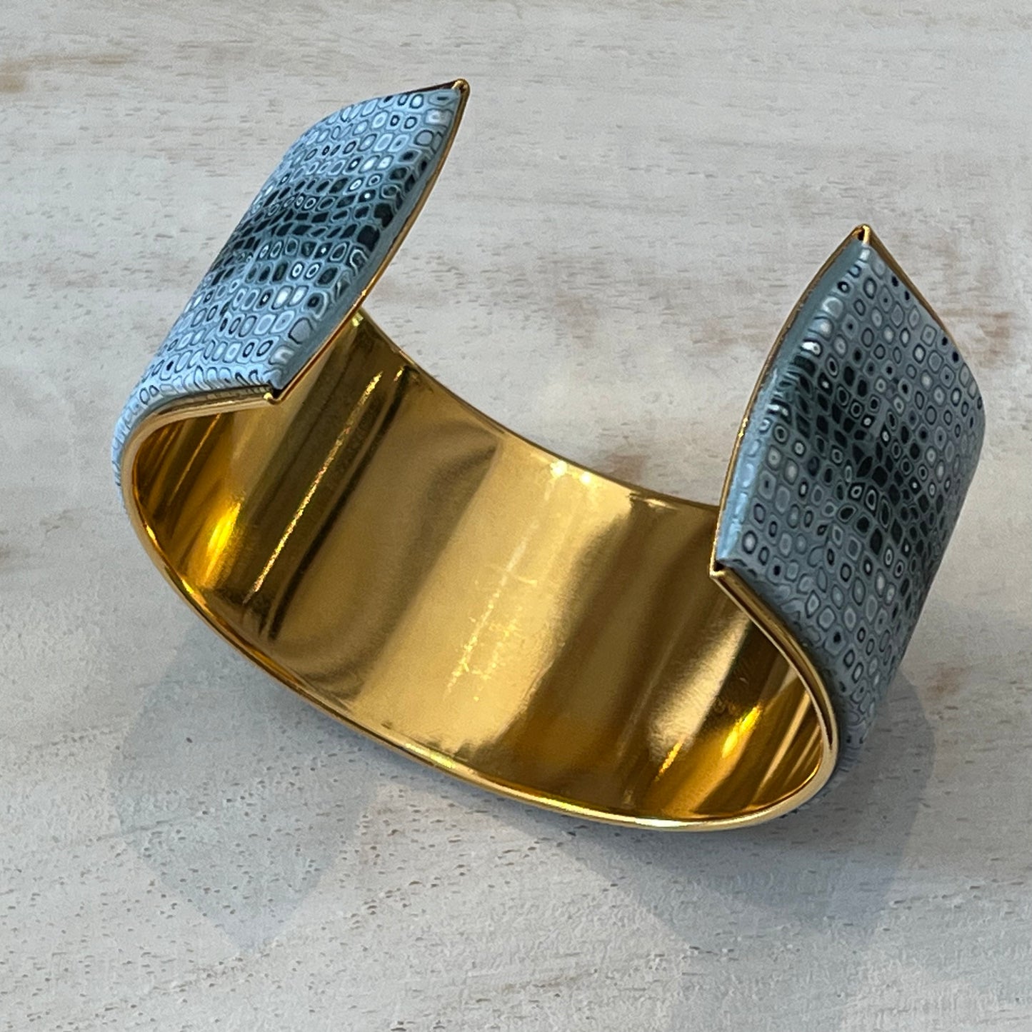 Sea Foam mosaic cuff bracelet by Stephanie Fraselle, handmade in polymer clay with 24k gold-plated brass