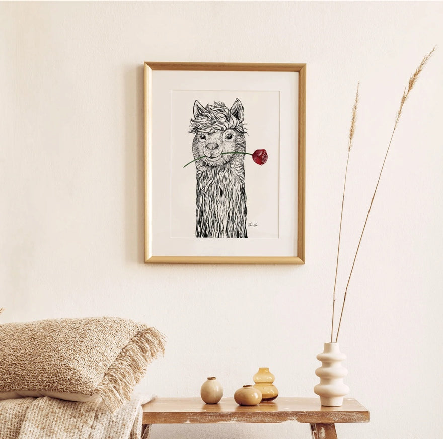 Premium Art Print - Llama Red Rose