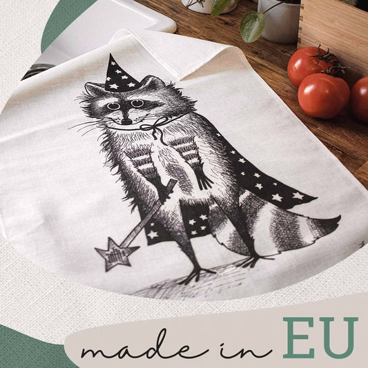 Tea Towel - Raccoon Magician- 🌿 Half linen kitchen towel (55% linen / 45% cotton)
