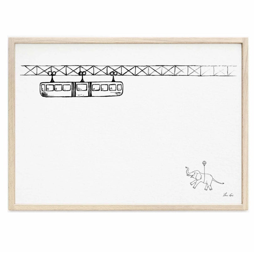 Minimalist fine art print of Tuffi the Elephant floating upward toward a monorail, with 0.5 cm white border, printed on 290g paper