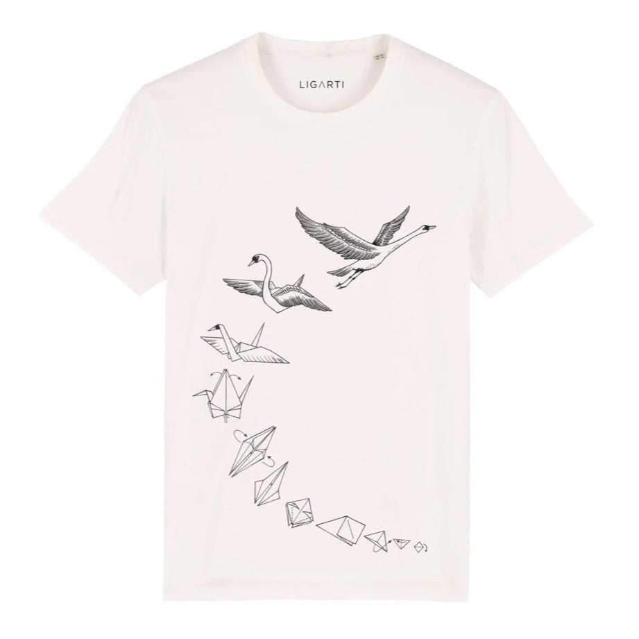 Unisex-T-Shirt aus Bio-Baumwolle -Transformation-Origami-Schwäne