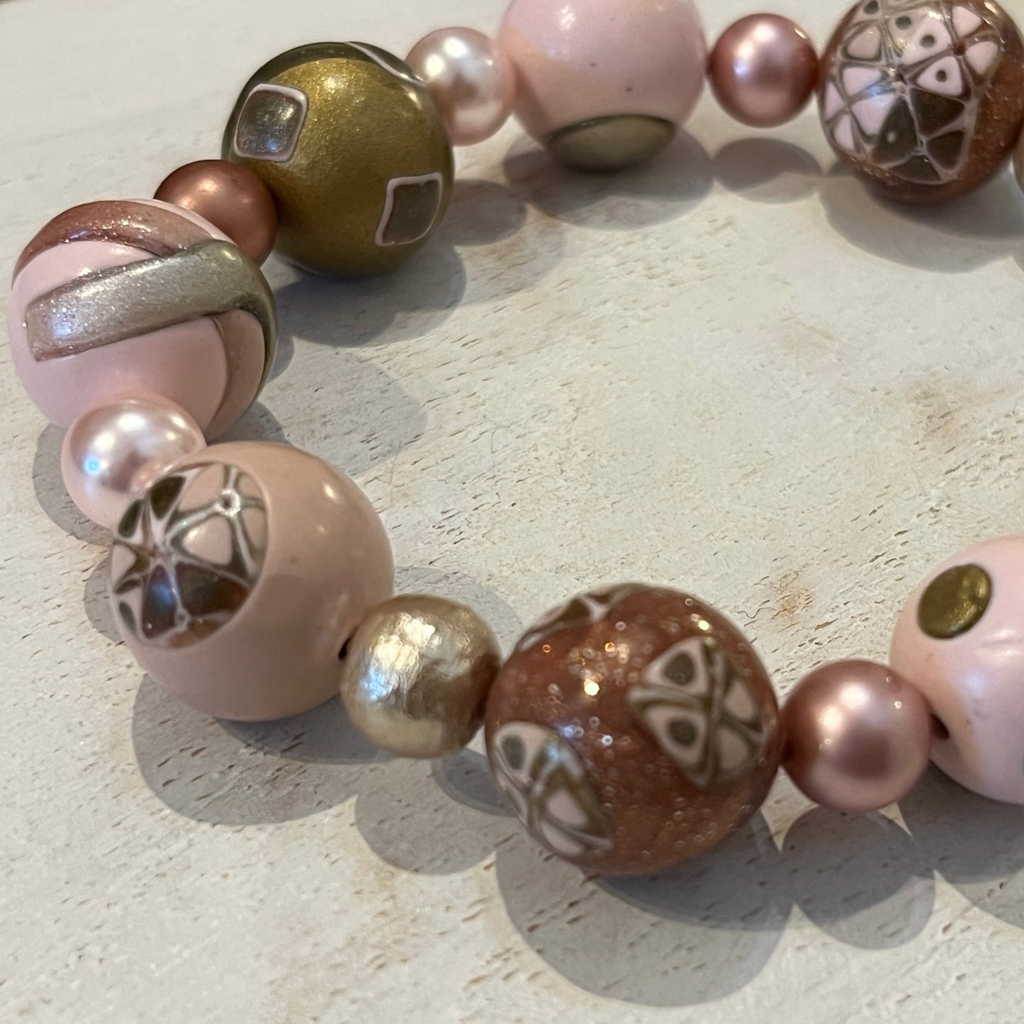 Rose Gold Empress Bracelet by Stephanie Fraselle – Handmade Beaded Polymer Clay Bracelet with Swarovski Accents