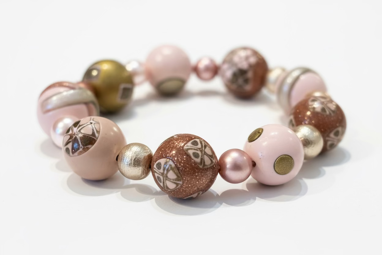 Rose Gold Empress Bracelet by Stephanie Fraselle – Handmade Beaded Polymer Clay Bracelet with Swarovski Accents