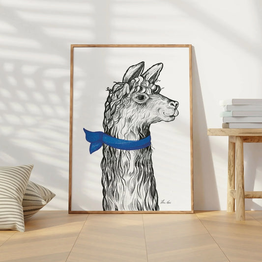 Premium Art Print - Llama wearing a cute Blue knotted scarf