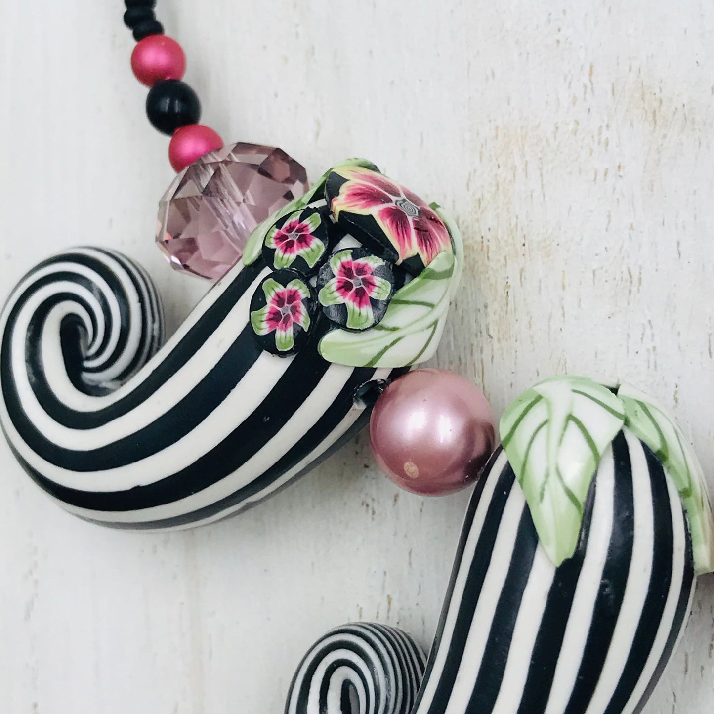 “Enchanted garden” Pin Stripe Eggplants ~beaded necklace by Stephanie Fraselle - Artisan Jewellery Design