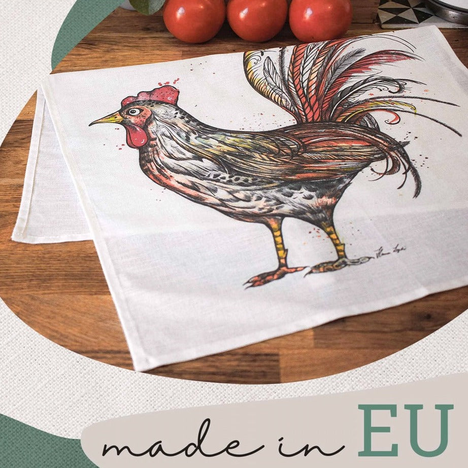 Tea Towel - Rooster - 🌿 Half linen kitchen towel (55% linen / 45% cotton)