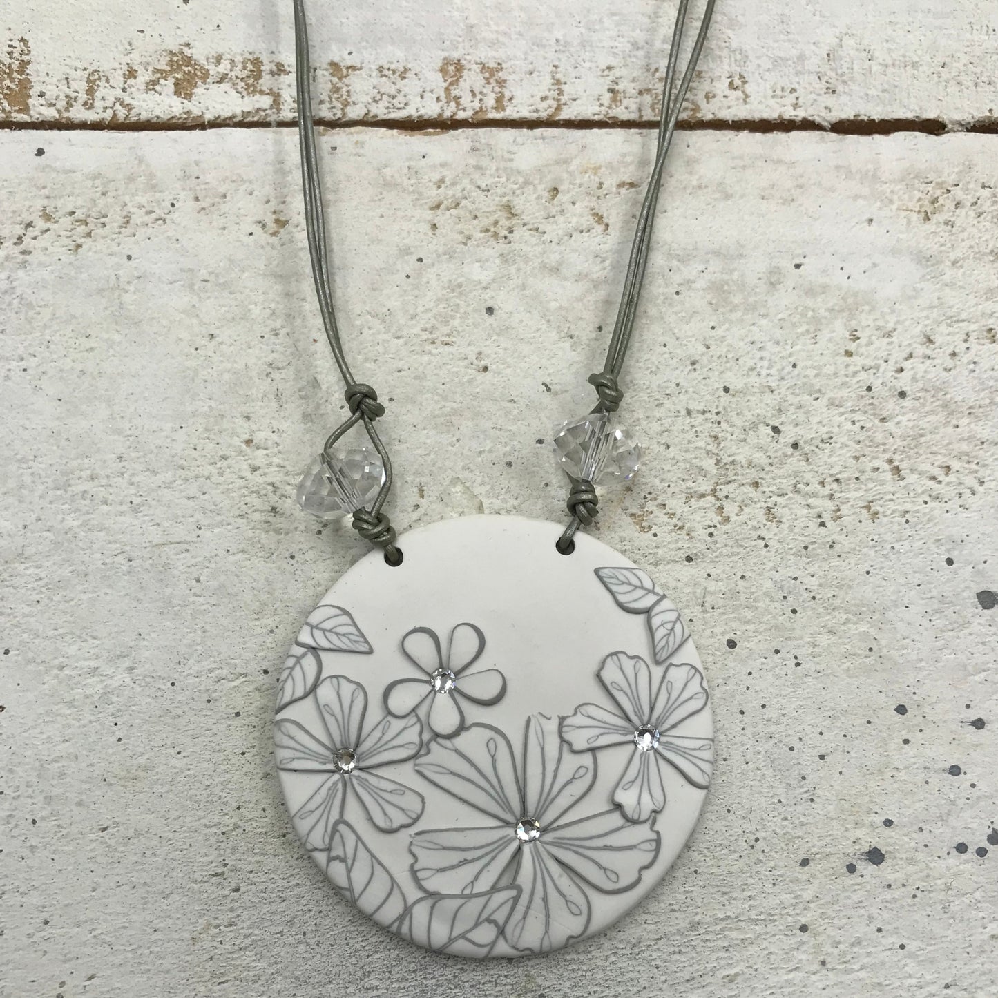 “White Botanics” 5.7cm Round pendant - Swarovski crystals - Leather cord by Stephanie Fraselle - Artisan Jewellery Design