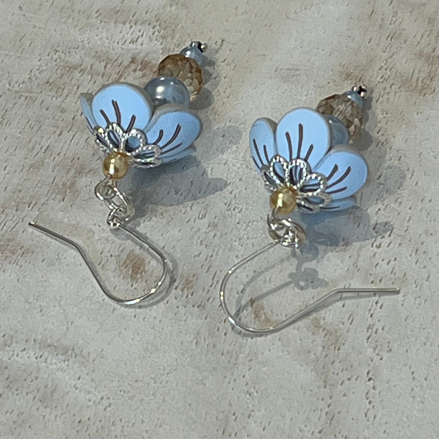 Pastel Blossom sterling silver earrings with Swarovski pearls and light blue floral details by Stephanie Fraselle