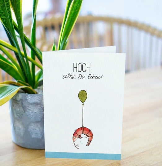Balloon Shrimp „Hoch sollst du leben!“- Blank Greeting card ("May you live it up!")
