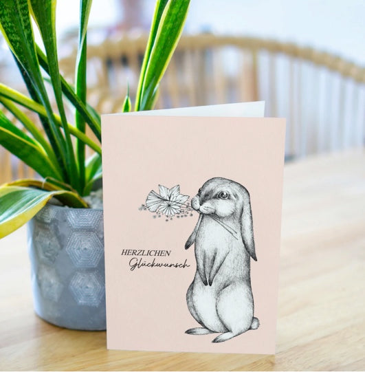 Flower Bunny- Blank Greeting card- "herzlichen glückwunsch" (Congratulations)