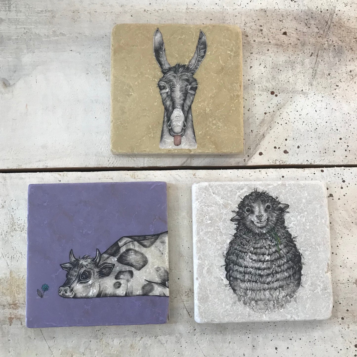 Natural stone art tiles SET OF THREE “Donkey burro/Rita /Wilfred the sheep”