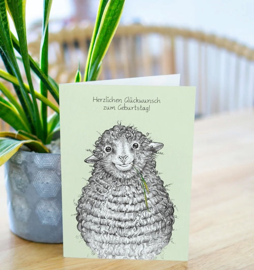 Wilfred the Sheep- „Herzlichen Glückwunsch zum Geburtstag!“- Blank Greeting card- ("Heartfelt congratulations on your birthday!")