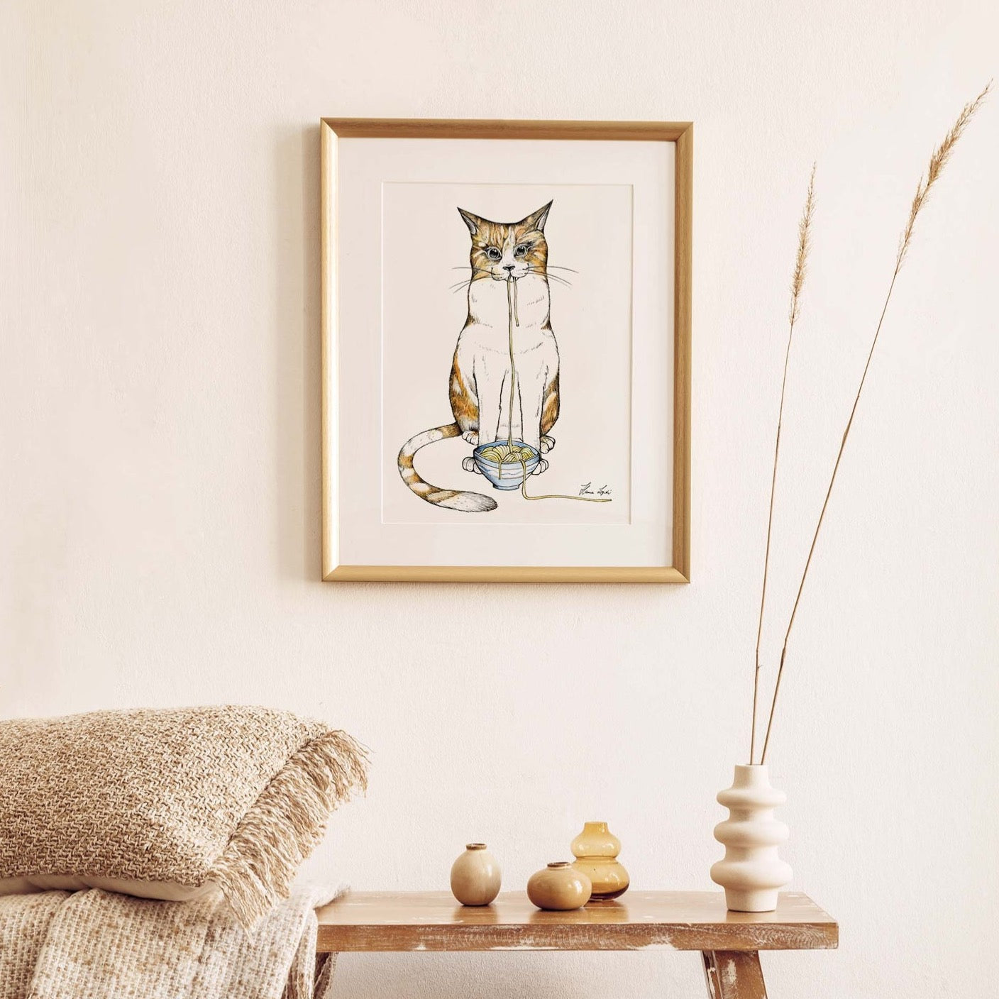 Premium Art Print - Cat loves Ramen