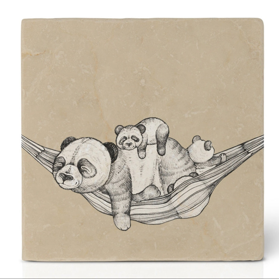 Natural stone art tile "Panda Paradise": A Cozy Break in the Hammock-COMING SOON IN MARCH 2025