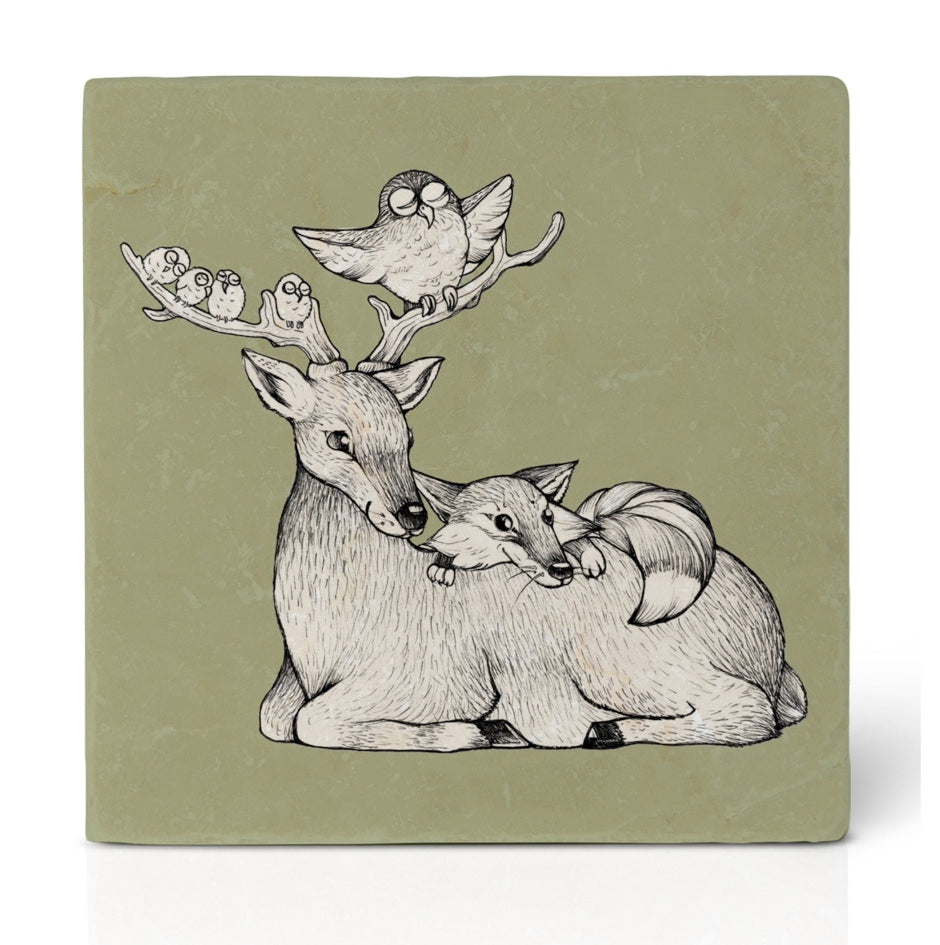 Natural stone art tile "Forest Friends"
