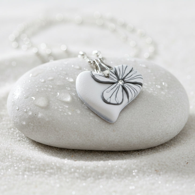 Mini-Herz „White Botanics“ – Halskette aus 925er Sterlingsilber von Stephanie Fraselle – Kunstvolles Schmuckdesign