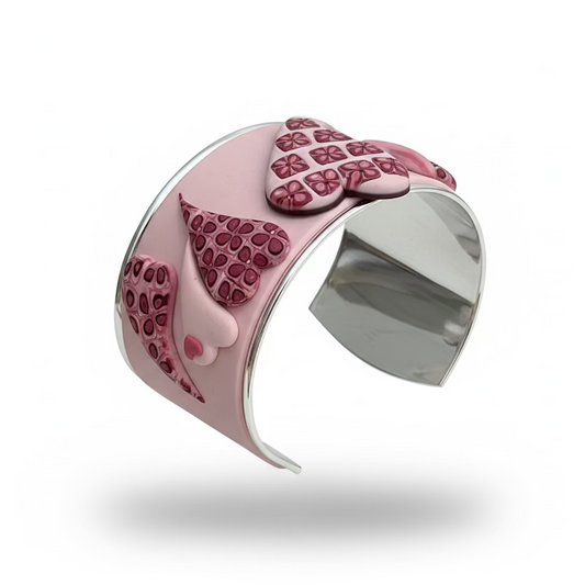 Stephanie Fraselle handcrafted polymer clay love heart bracelet cuff in crimson pink tones