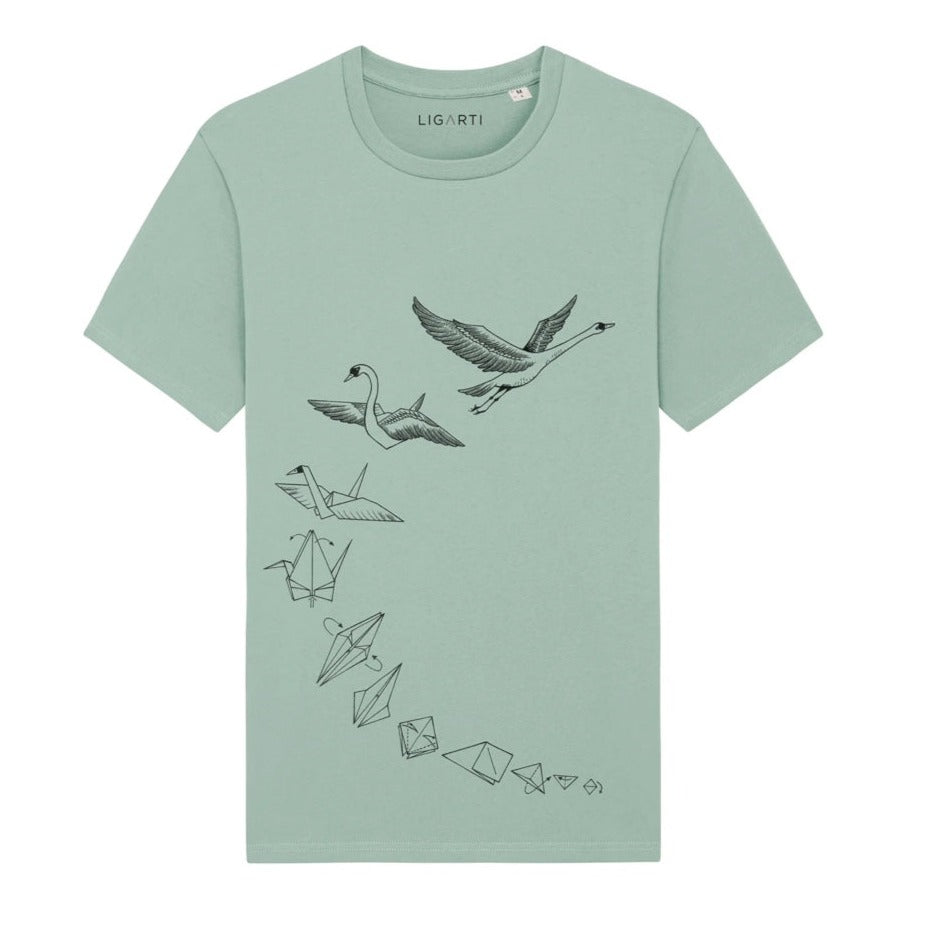 Unisex-T-Shirt aus Bio-Baumwolle -Transformation-Origami-Schwäne