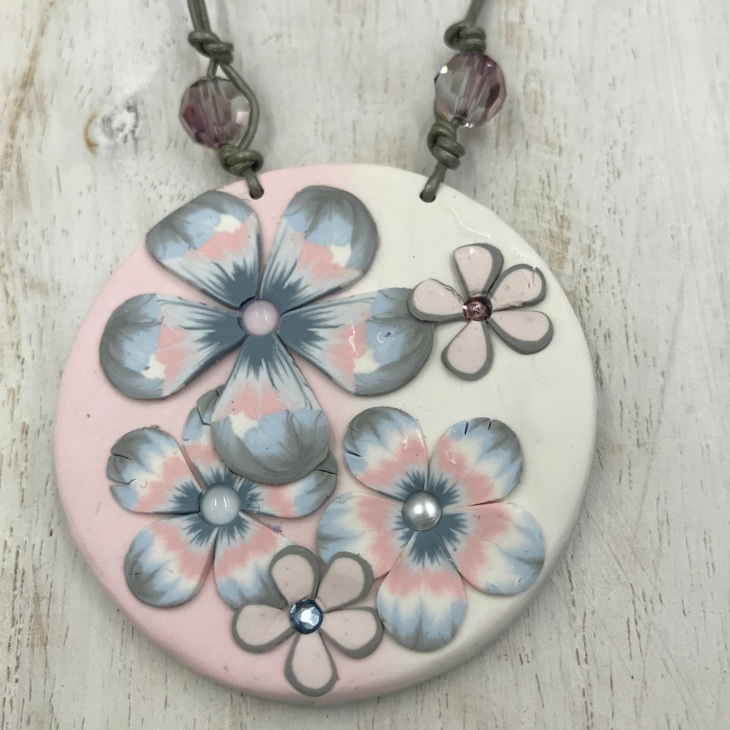 “Pastel Hues” 57mm Round pendant - Swarovski crystals - Leather cord by Stephanie Fraselle - Artisan Jewellery Design