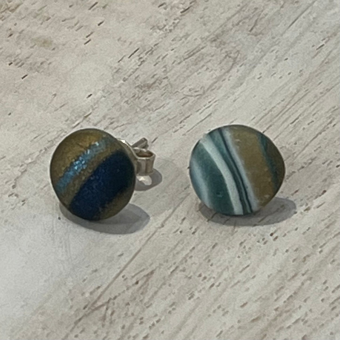 Handcrafted sterling silver stud earrings with 8mm mosaic polymer clay cabochons in twilight tones, made by Stephanie Fraselle in Lanzarote