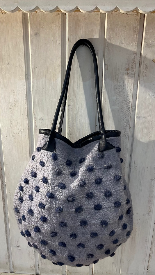 Rare handcrafted Nuno-felted Blue Pebbled Bag with deep tuareg blue pebbles on shabby grey-blue wool base