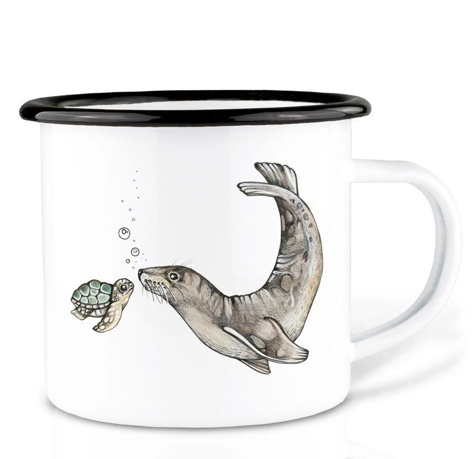 Robust and Light Enamel cup - Playful Ocean encounter with a Sea Lion and Turtle