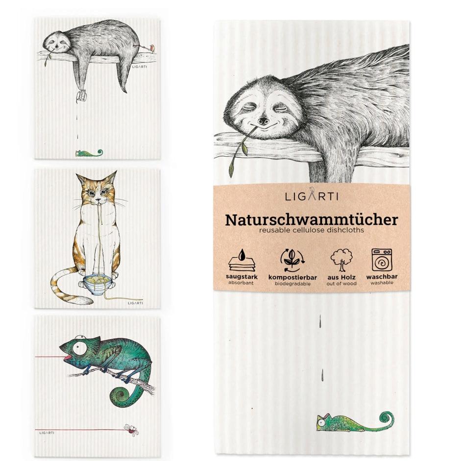Natural sponge Dish cloth - set of 3 - Sloth/ Chameleon/ Ramen cat