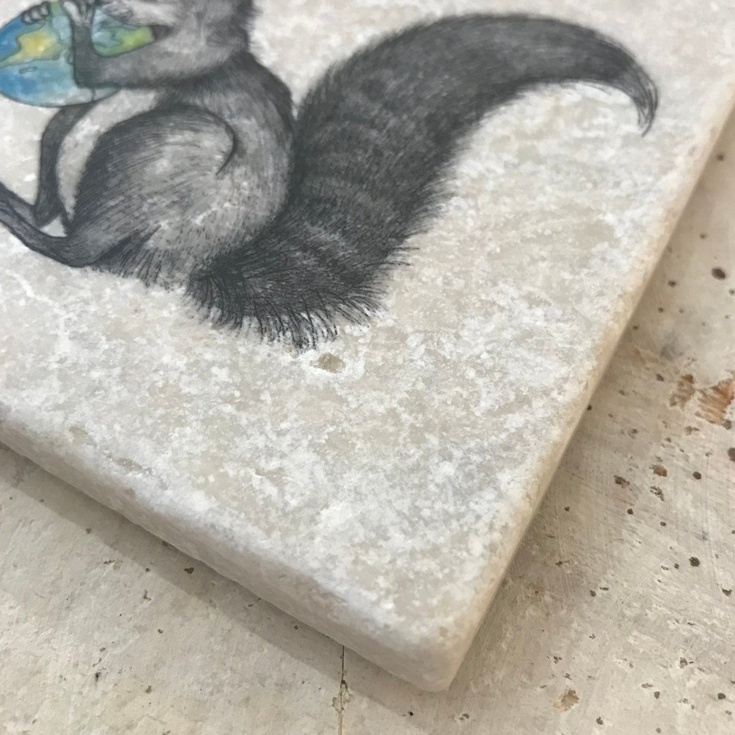 Natural stone art tile “ Squirrel Holding The World”