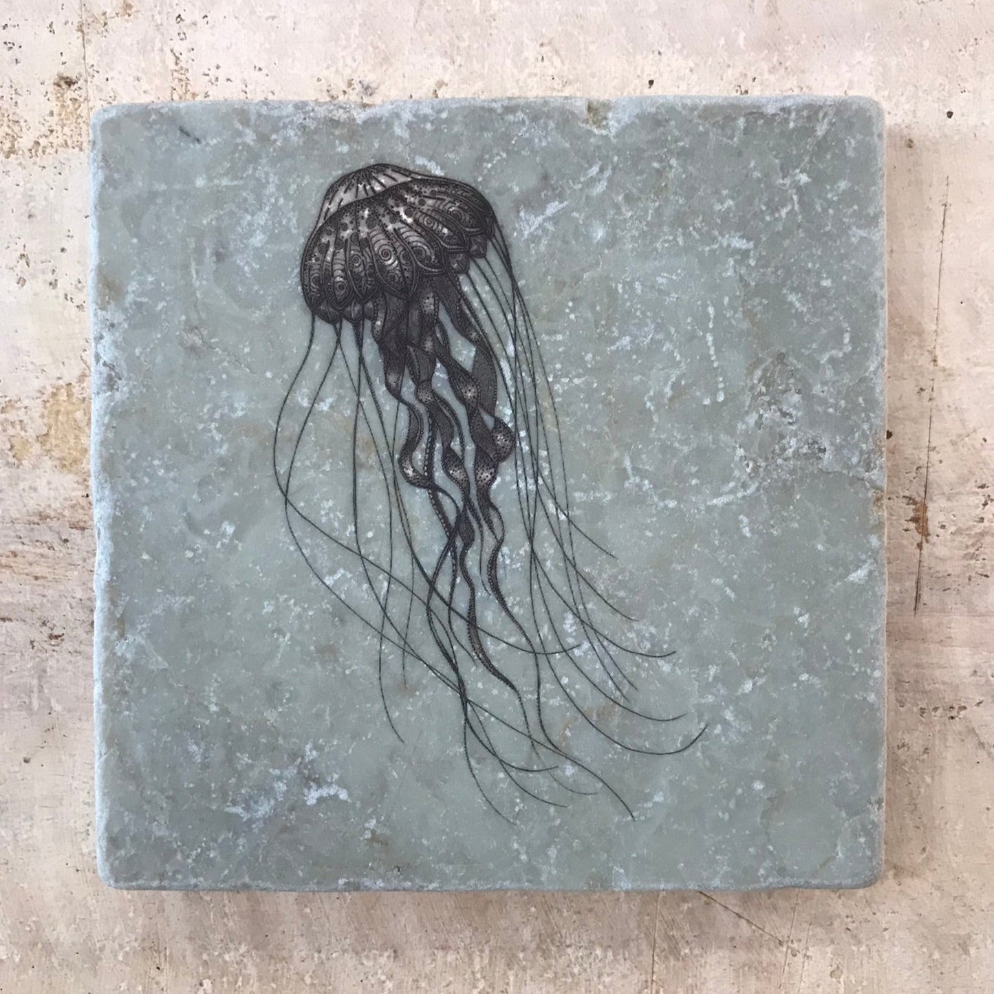 Natural stone art tiles SET OF THREE “Octopus / Sea horse /Jellyfish ”