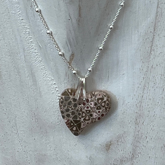 Artisan necklace with a rose-toned mosaic heart pendant, handcrafted in Europe with sterling silver beads by Stephanie Fraselle.