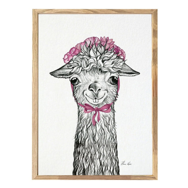 Premium Art Print - Henrietta-Llama Pink ribbon and Hat