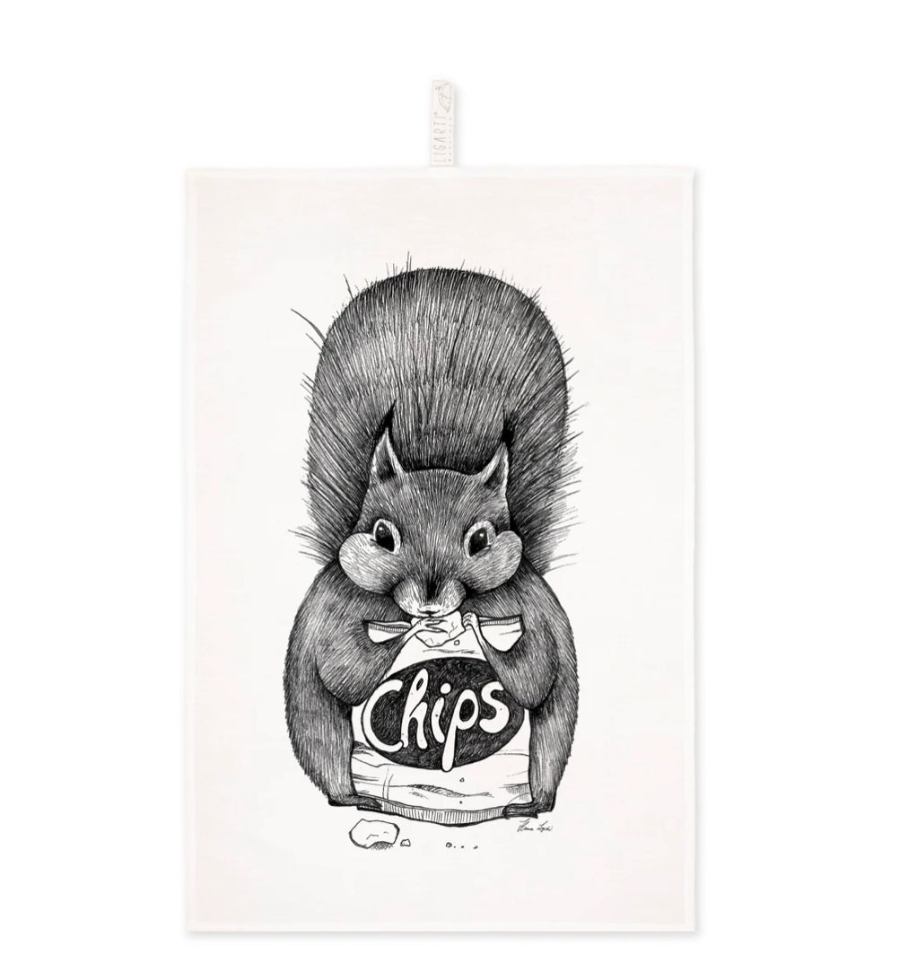 Tea Towel - Squirrel chips- 🌿 Half linen kitchen towel (55% linen / 45% cotton )