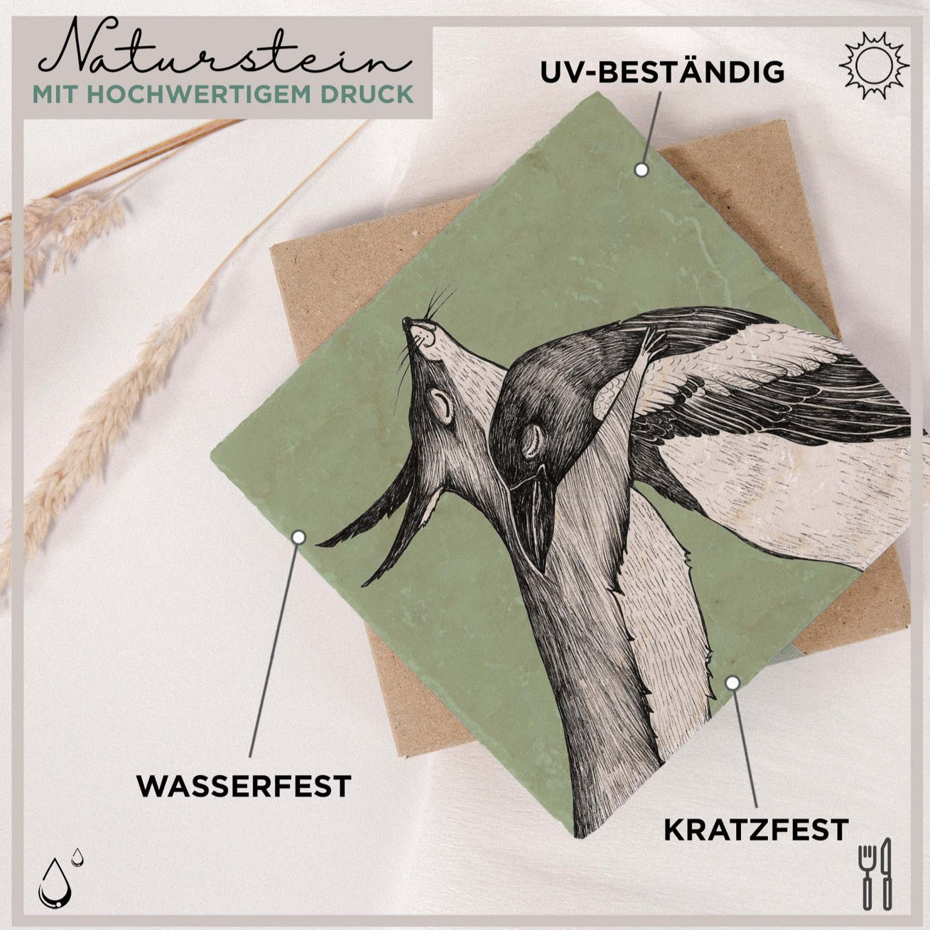 Naturstein-Kunstfliese „Die Elster und der Fuchs“