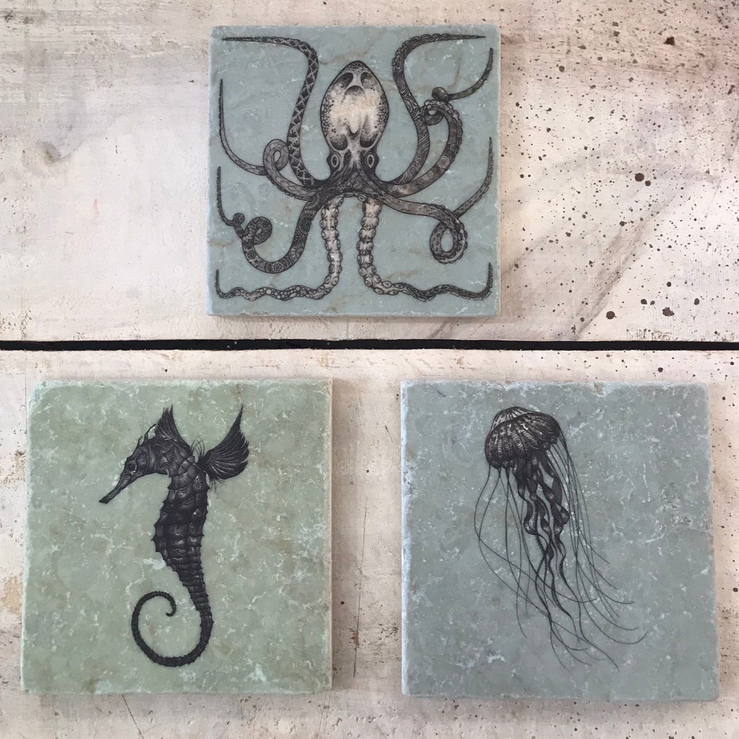 Natural stone art tiles SET OF THREE “Octopus / Sea horse /Jellyfish ”