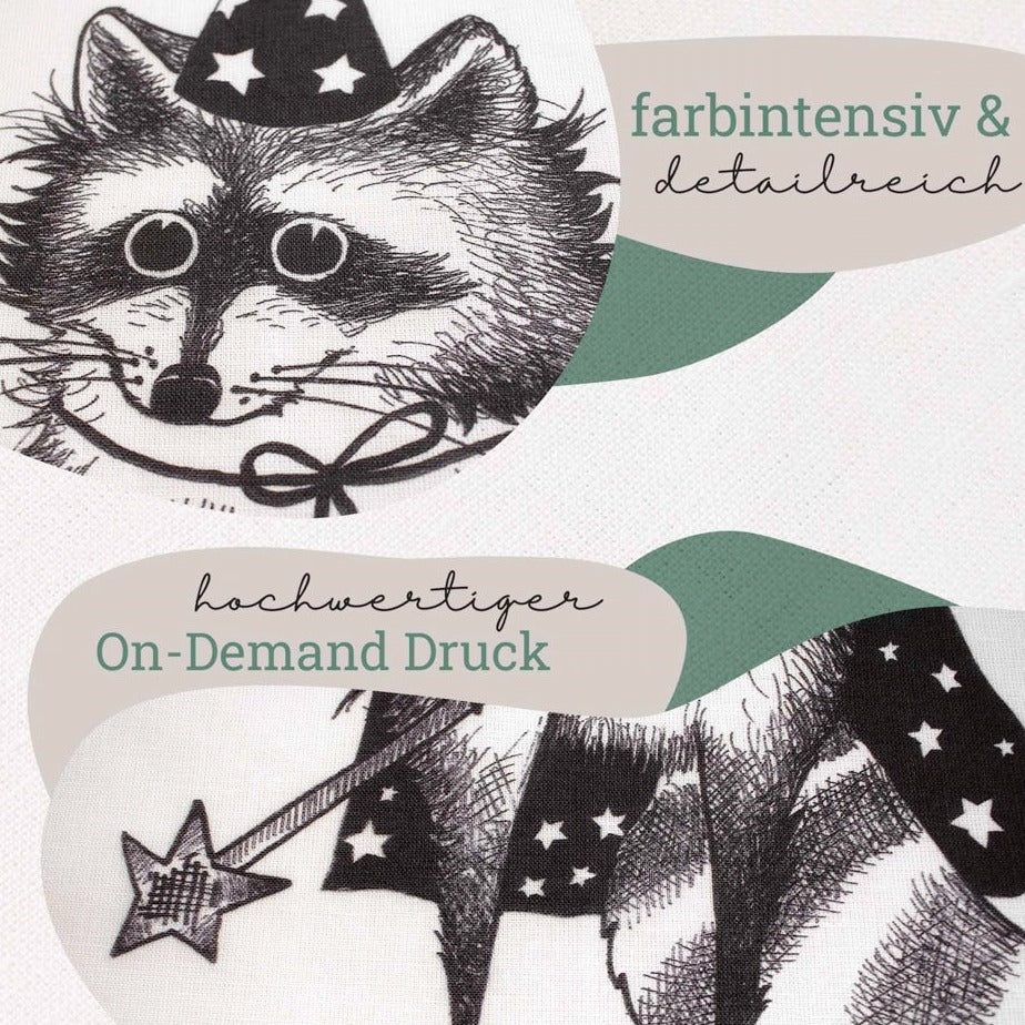 Tea Towel - Raccoon Magician- 🌿 Half linen kitchen towel (55% linen / 45% cotton)