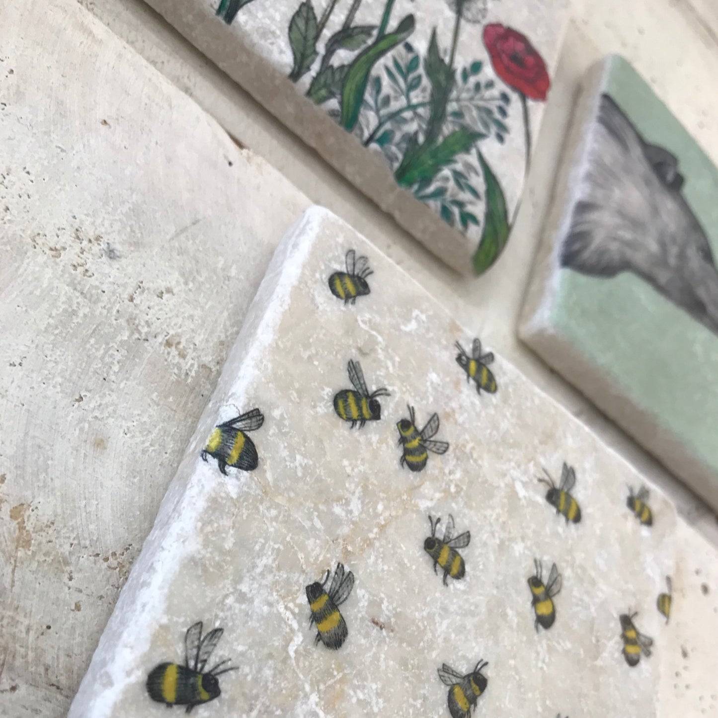 Natural stone art tiles SET OF THREE “Bear & Bee/ Bees / flowers
