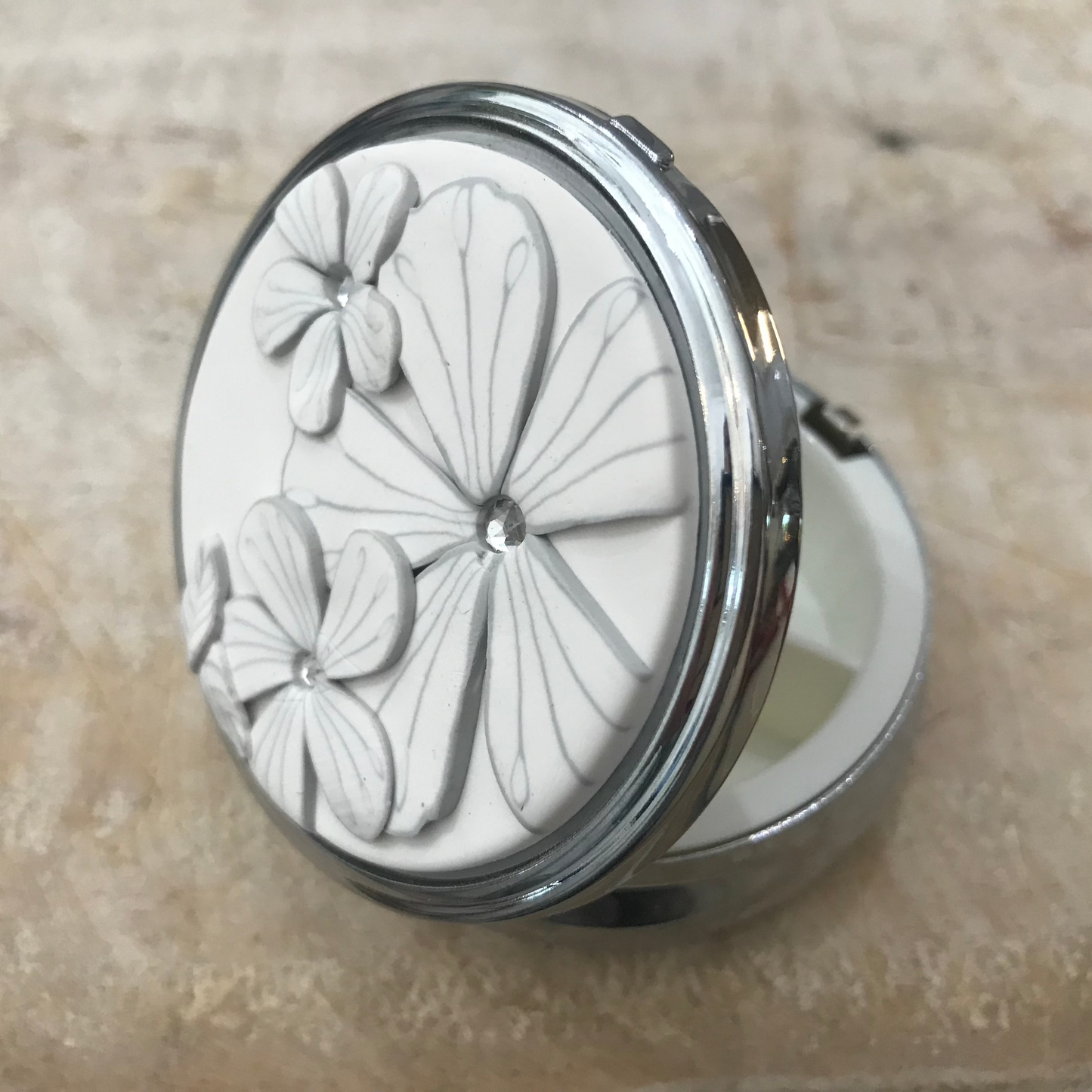 “White Botanics” Swarovski embellished 60mm Vitamin~ Pill box by Stephanie Fraselle - Artisan Jewellery Design