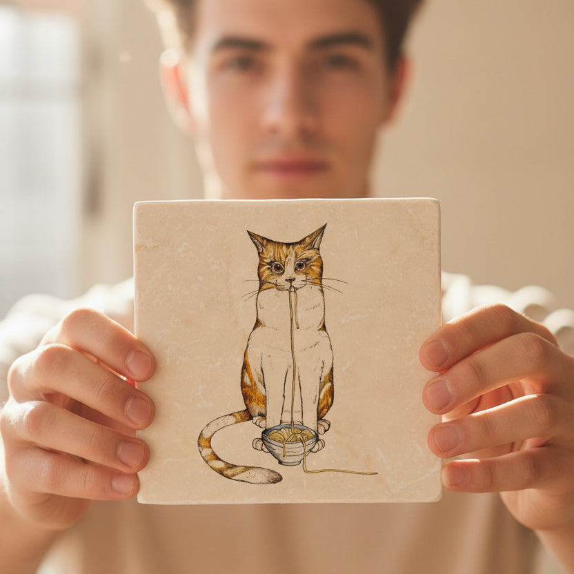 Natural stone art tile "Ramen Cat" Moew and Noodles