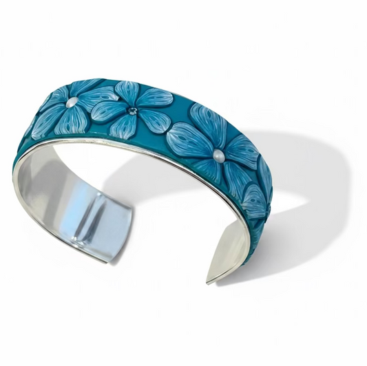 Tranquility | Medium Cuff | Hand Sculpted Florals | Aqua Pearl