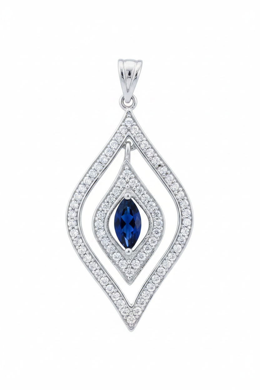 2 Carat Blue Sapphire & White Topaz 925 Solid Sterling Silver Pendant 4cm