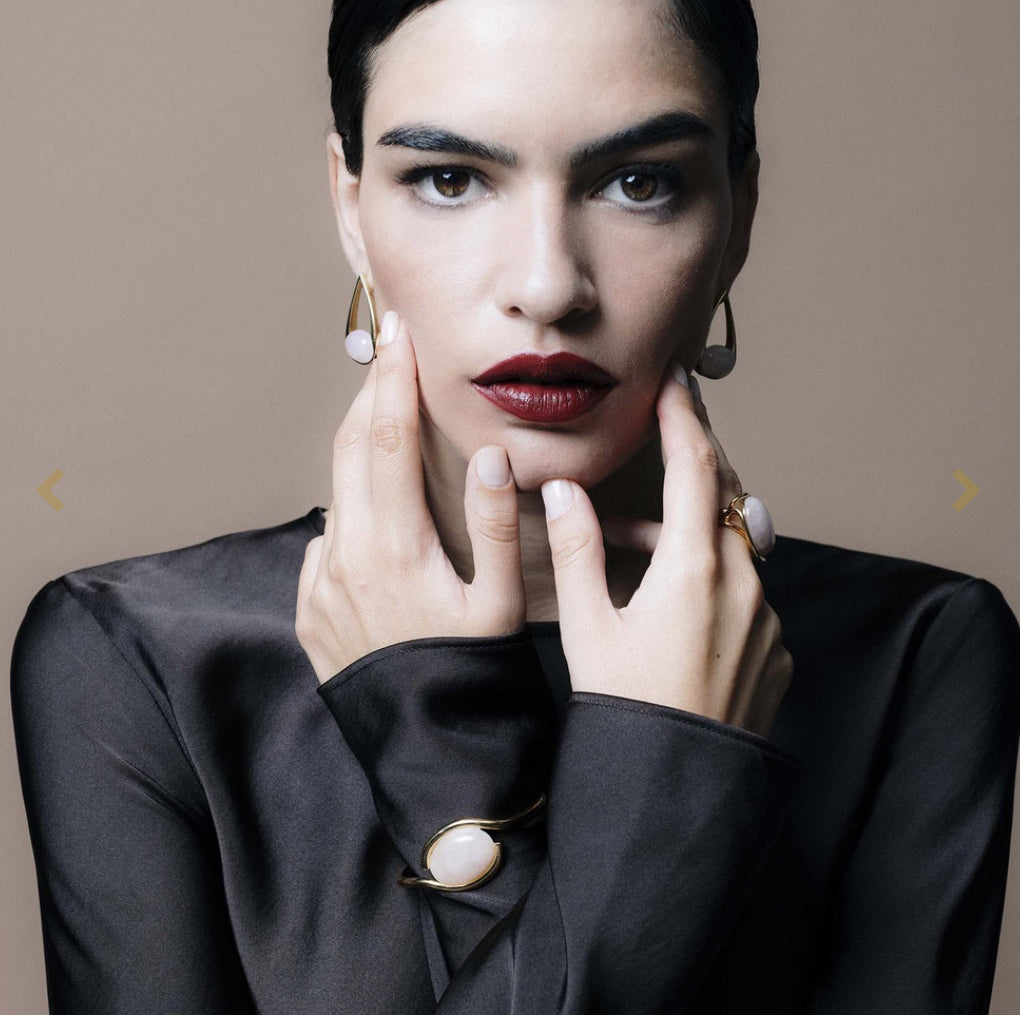 18 carat gold plated Esther by Hissia Pink quartz drop earrings