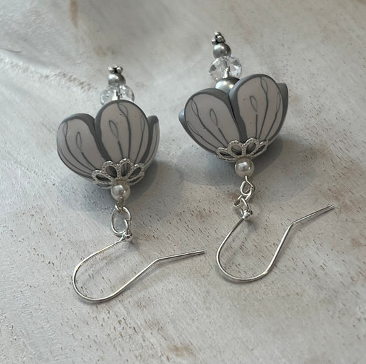 Handcrafted White Blossom Flower Stem Earrings in Sterling Silver 925 with Swarovski pearl and crystal, designed by Stephanie Fraselle