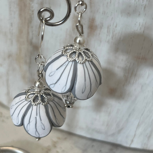 Handcrafted White Blossom Flower Stem Earrings in Sterling Silver 925 with Swarovski pearl and crystal, designed by Stephanie Fraselle