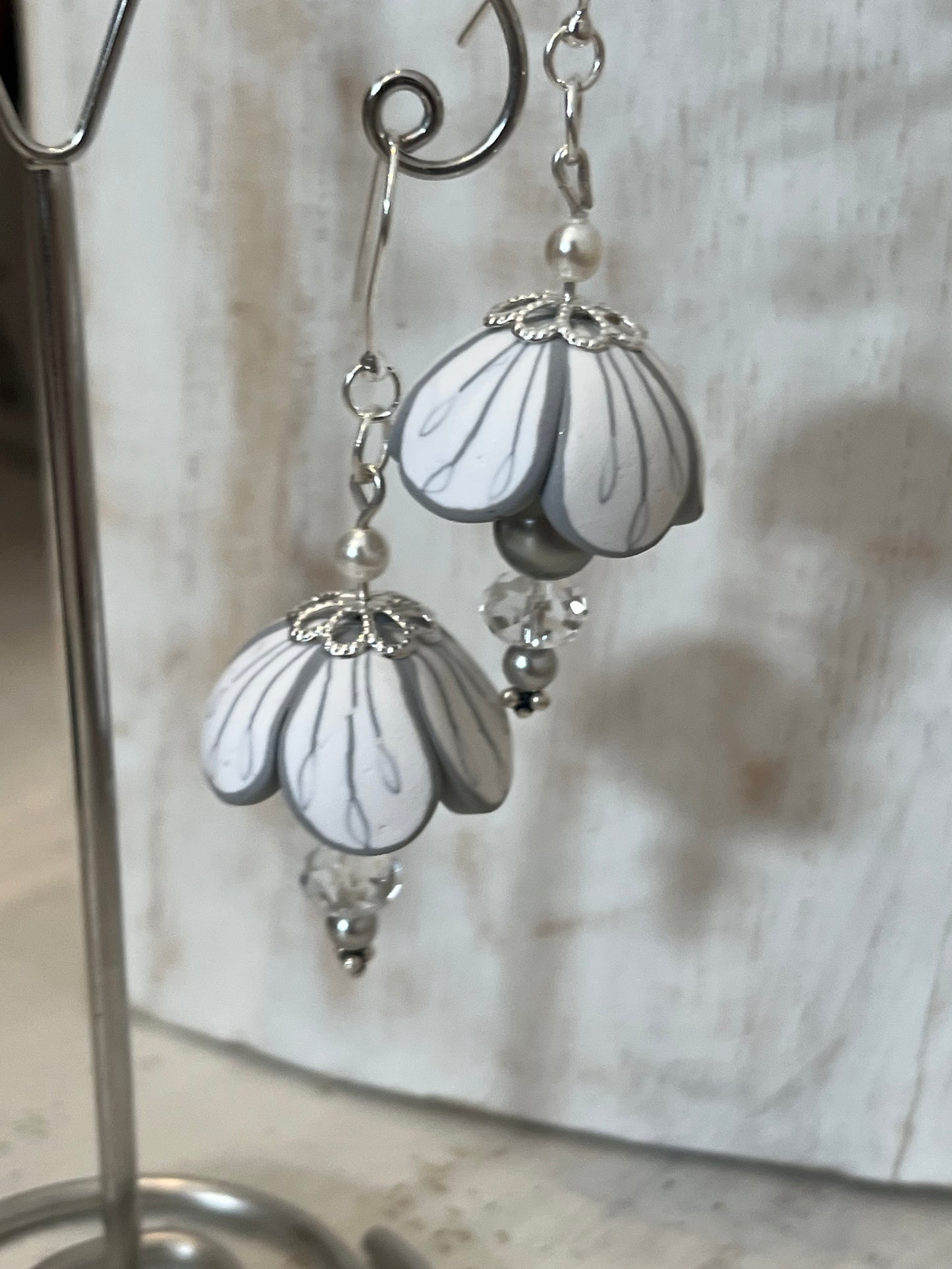 Handcrafted White Blossom Flower Stem Earrings in Sterling Silver 925 with Swarovski pearl and crystal, designed by Stephanie Fraselle