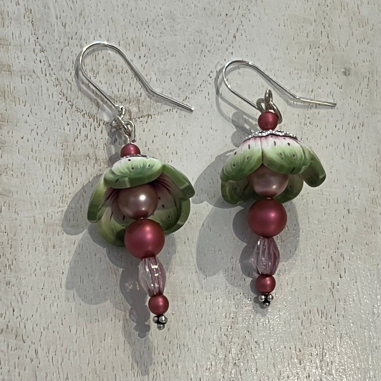 Blossom polymer clay floral earrings with Swarovski crystals and sterling silver stems, handcrafted by Stephanie Fraselle in the Enchanted Garden Collection