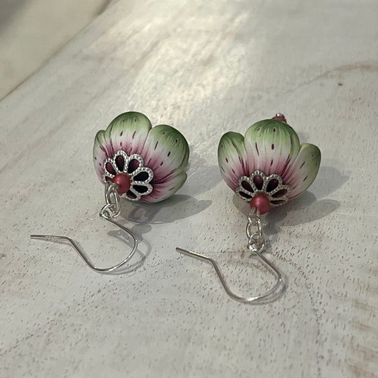 Blossom polymer clay floral earrings with Swarovski crystals and sterling silver stems, handcrafted by Stephanie Fraselle in the Enchanted Garden Collection