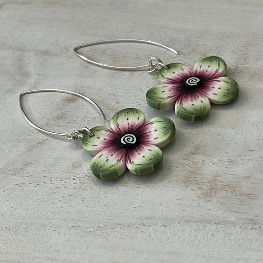Lightweight polymer clay floral earrings with watercolor-blended petals in crimson, pink, black, and sage, on sterling silver drops by Stephanie Fraselle