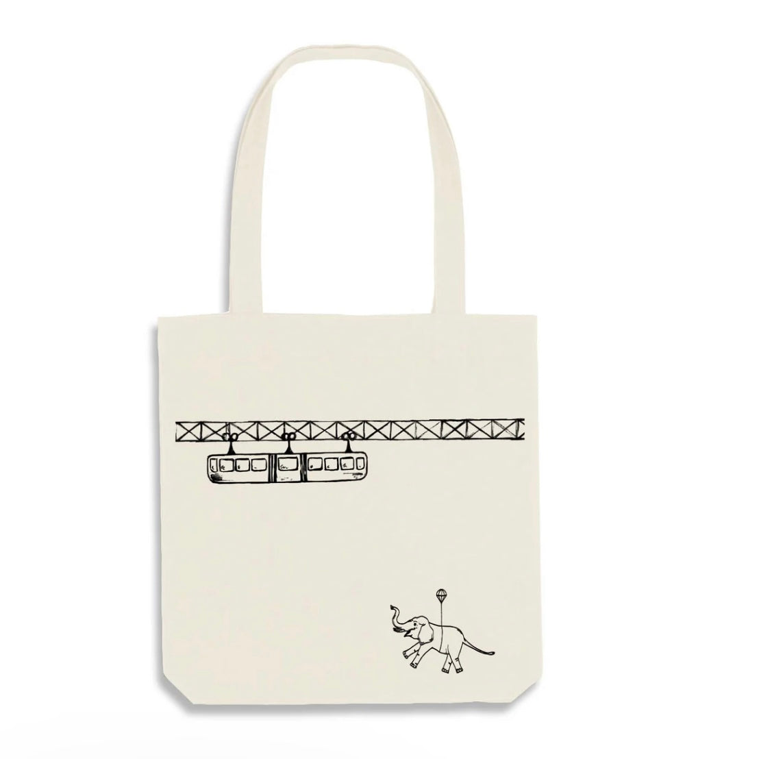 Cream jute art bag with minimalist black illustration of a small elephant floating upwards by a balloon towards a monorail