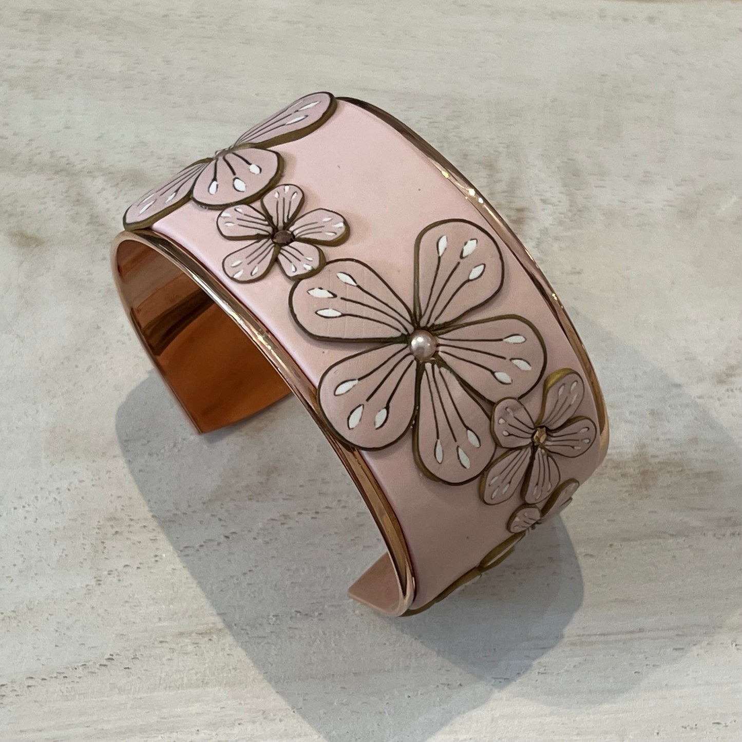 Rose Gold Bloom Cuff by Stephanie Fraselle, handcrafted floral bracelet in soft pink polymer clay with Swarovski pearls and 24k gold-plated brass base