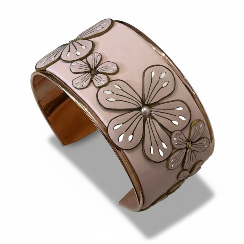 Rose Gold Bloom Cuff by Stephanie Fraselle, handcrafted floral bracelet in soft pink polymer clay with Swarovski pearls and 24k gold-plated brass base